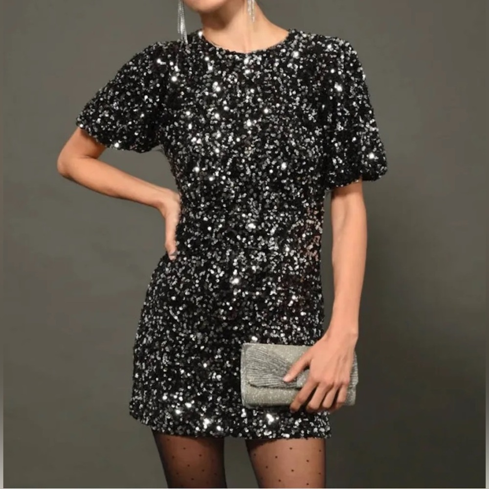 Anthropologie Greylin Ella Black Sequined Cocktail Mini Dress Size Medium NWOT